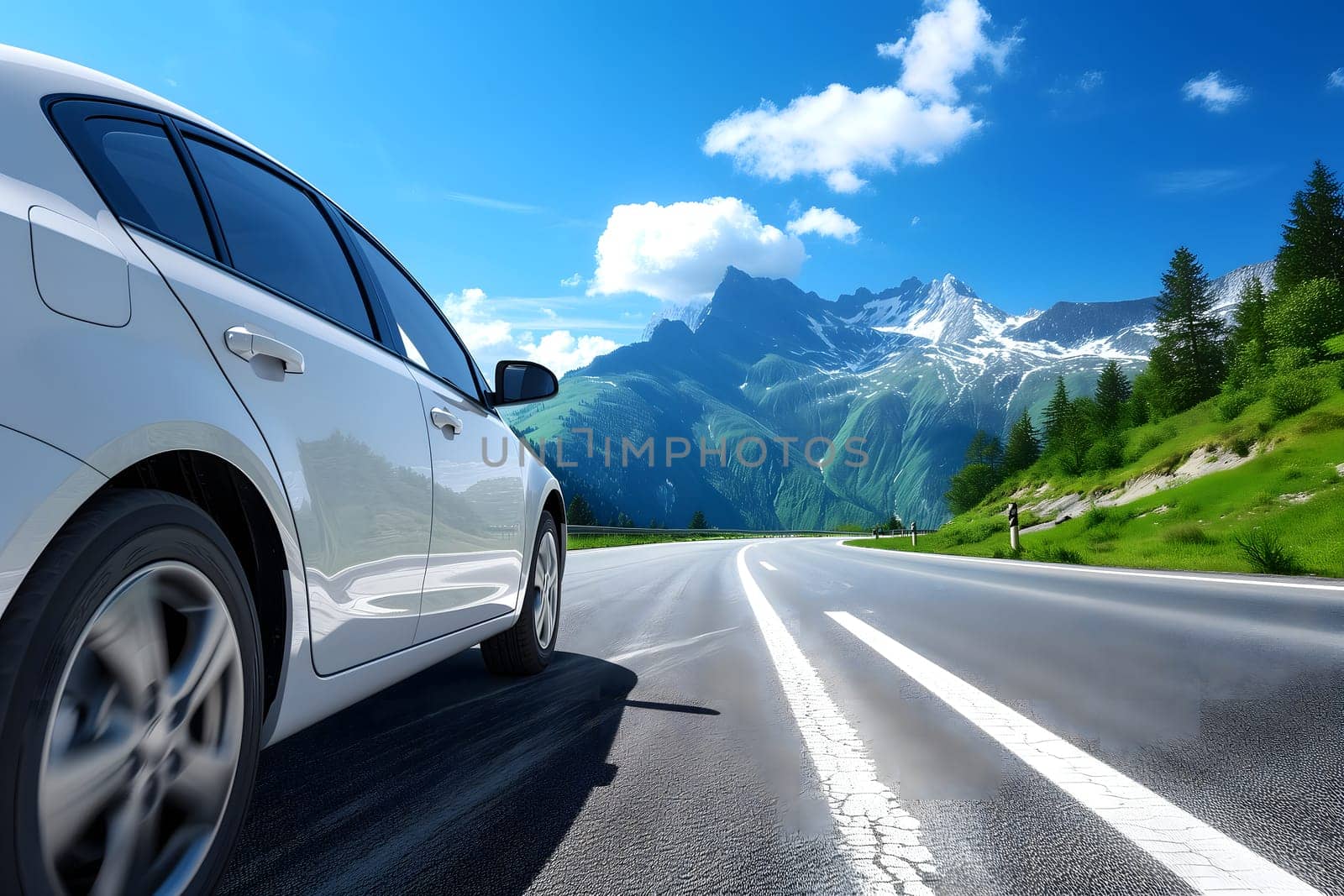 Car traveling with a mountain road at summer day. by z1b