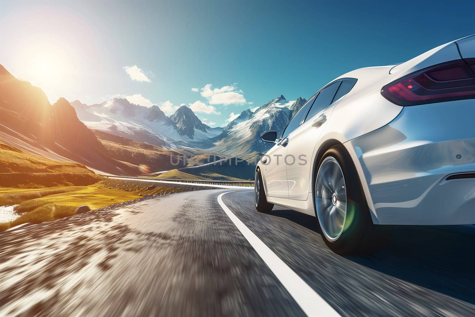 White car traveling with a mountain road at summer day. Neural network generated in January 2024. Not based on any actual scene or pattern.