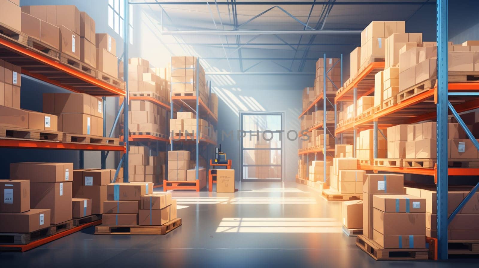 Cardboard boxes in middle of the warehouse, logistic center. Huge modern warehouse. Warehouse filled with cardboard boxes on shelves, boxes stand on pallets. Transportation system, 3D Illustration. High quality photo