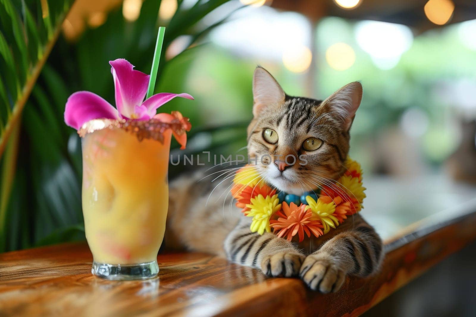Cat, hawaii cat, cat with a lei beside a tropical drink, cat on summer vacation by nijieimu