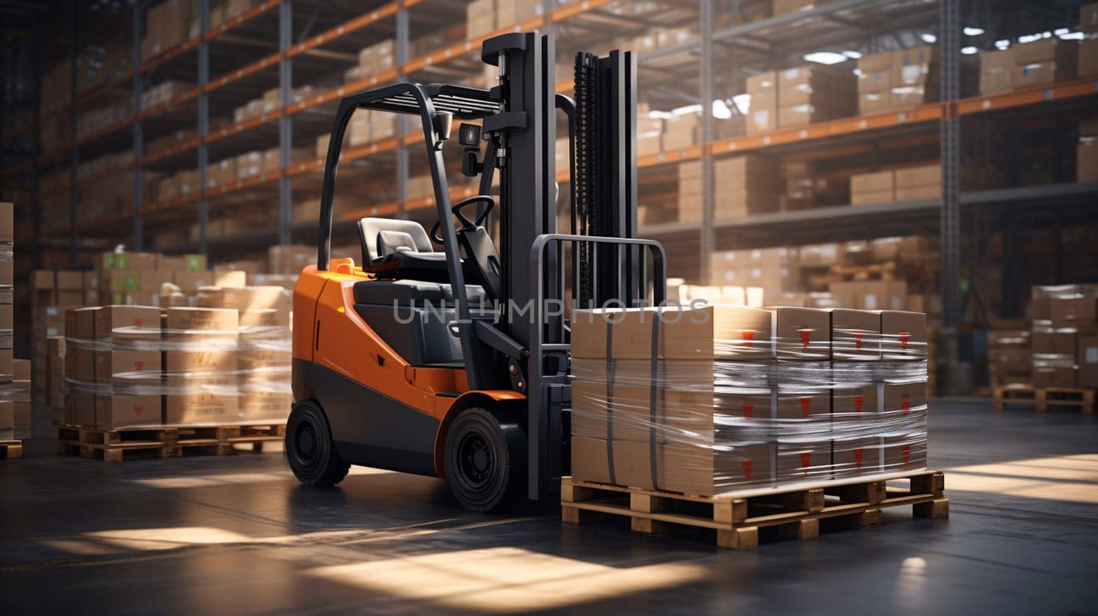 Forklift loader in storage warehouse ship yard. Distribution products. Delivery. Logistics. Transportation. Business background by Andelov13