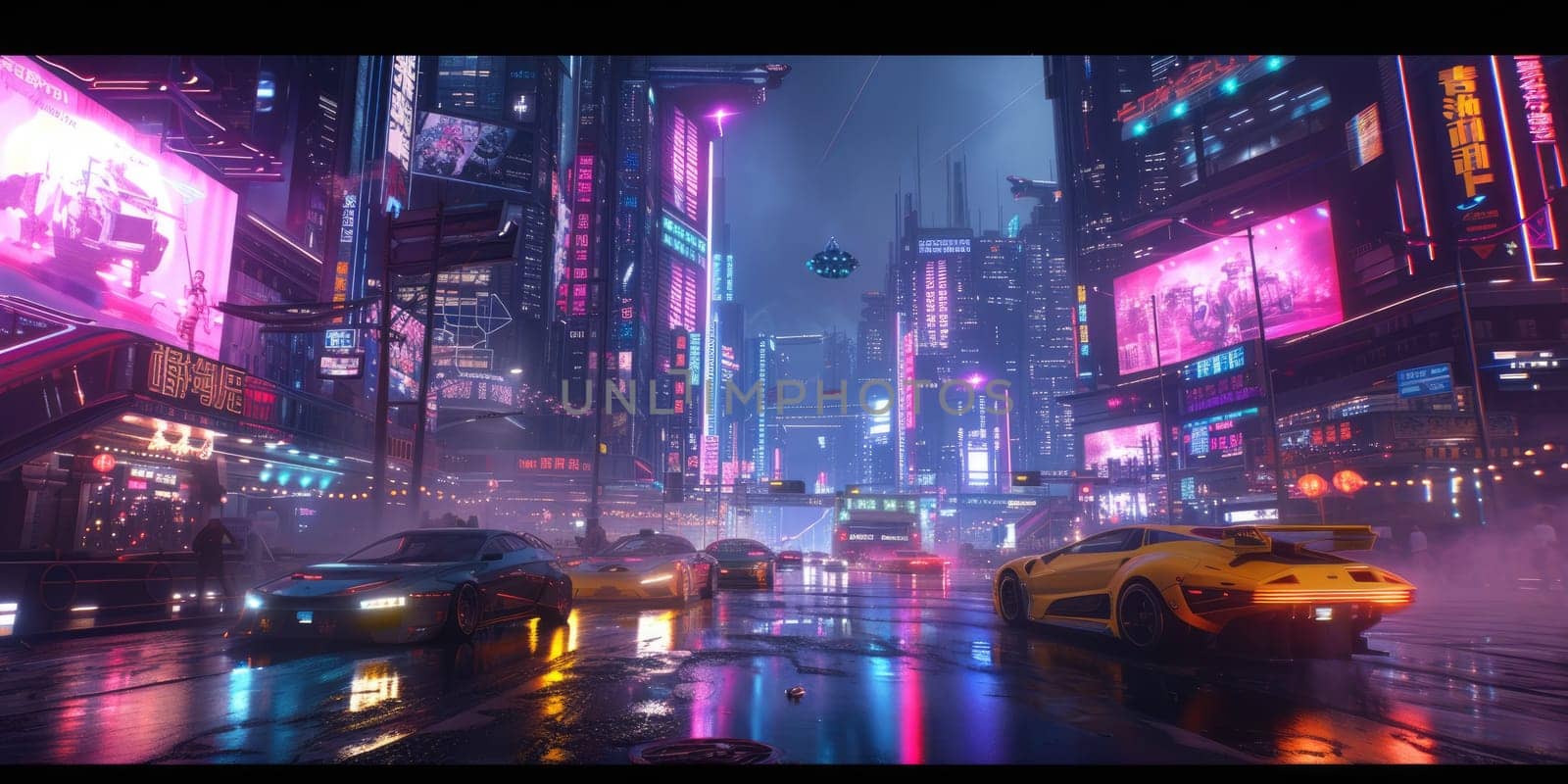 Futuristic city glows with soft hues, complemented by the sleek design of hovering vehicles above the vibrant skyline. Resplendent.