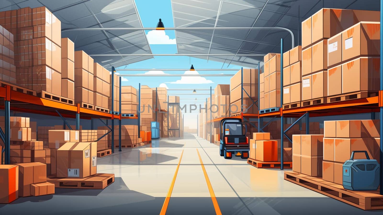 Forklift preparing products for shipment. Warehouse distribution concept. 3d rendering by Andelov13