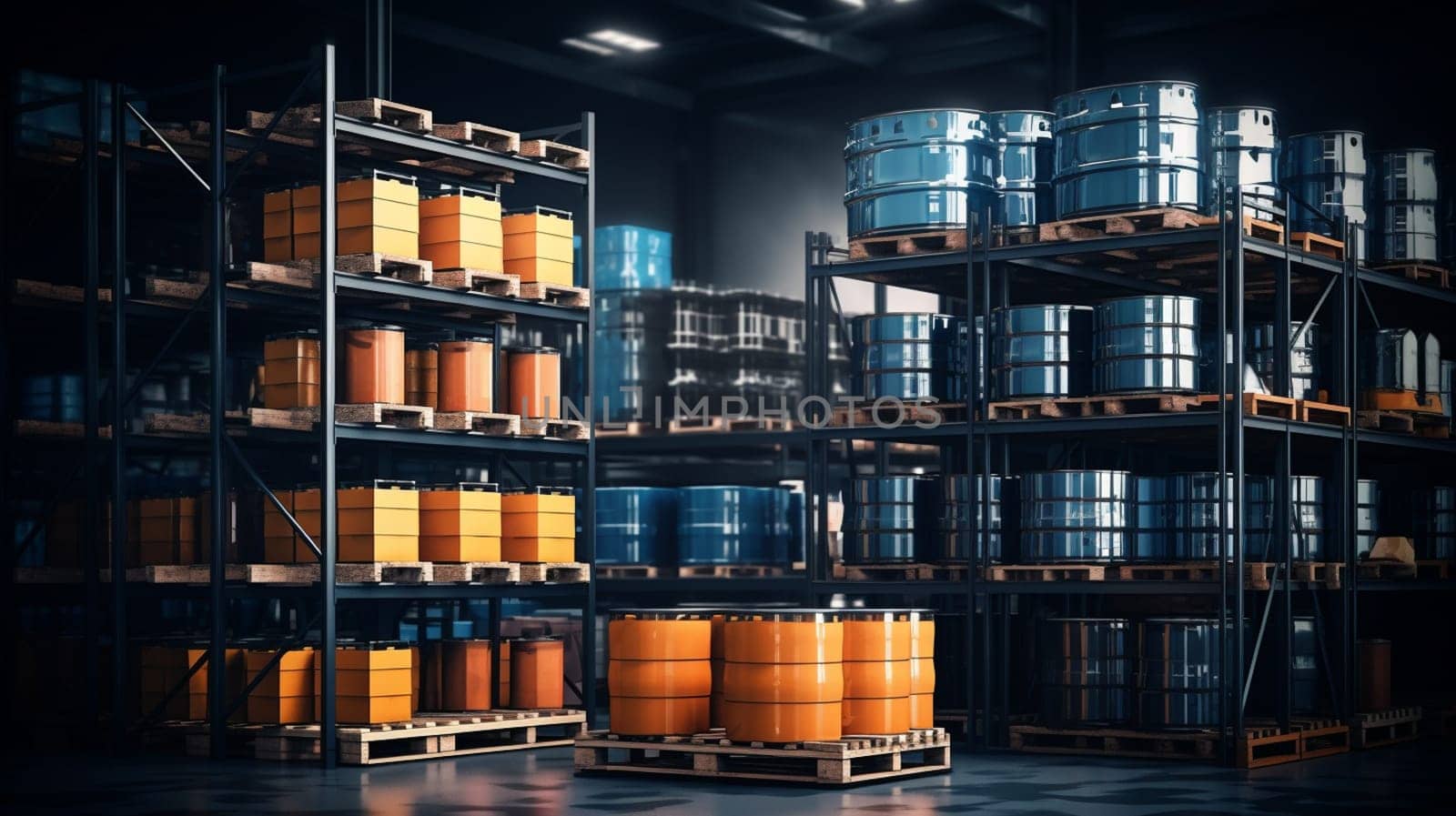barrels in the warehouse, Storage stock, Chemical warehouse. 3D illustration. High quality photo