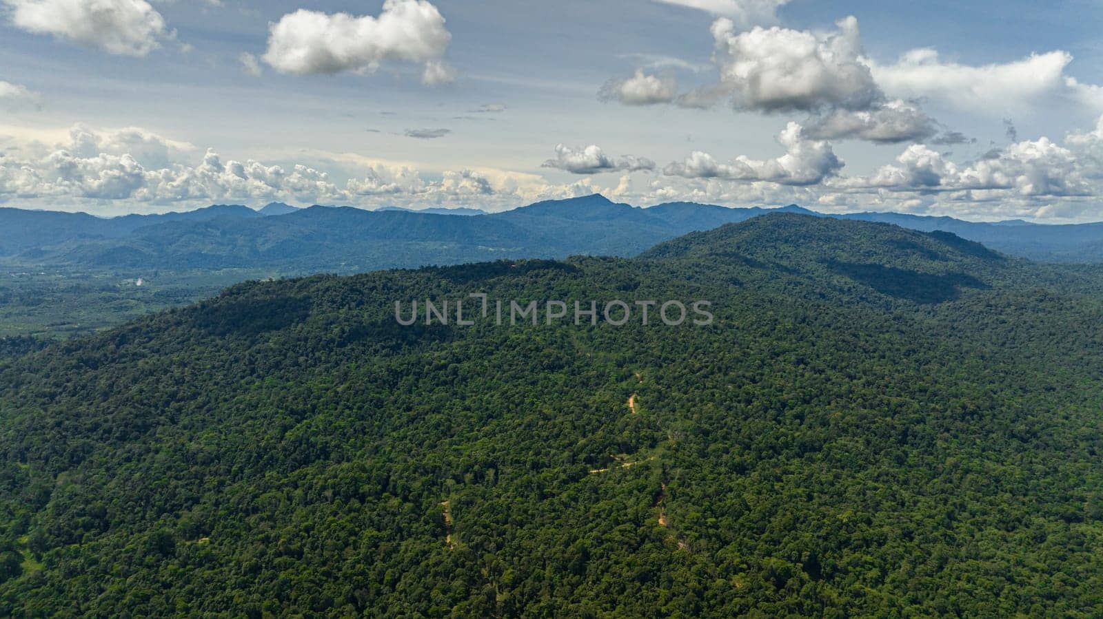 Aerial view of tropical landscape with rainforest and jungle. Borneo, Malaysia.