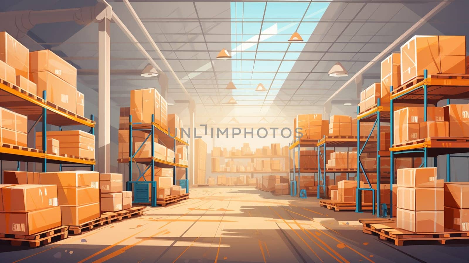 Warehouse with boxes. Storage interior. Cardboard boxes in hangar. Industrial warehouse with skylights.Hangar with warehouse racks. Storage area for industrial company. distribution, logistics by Andelov13