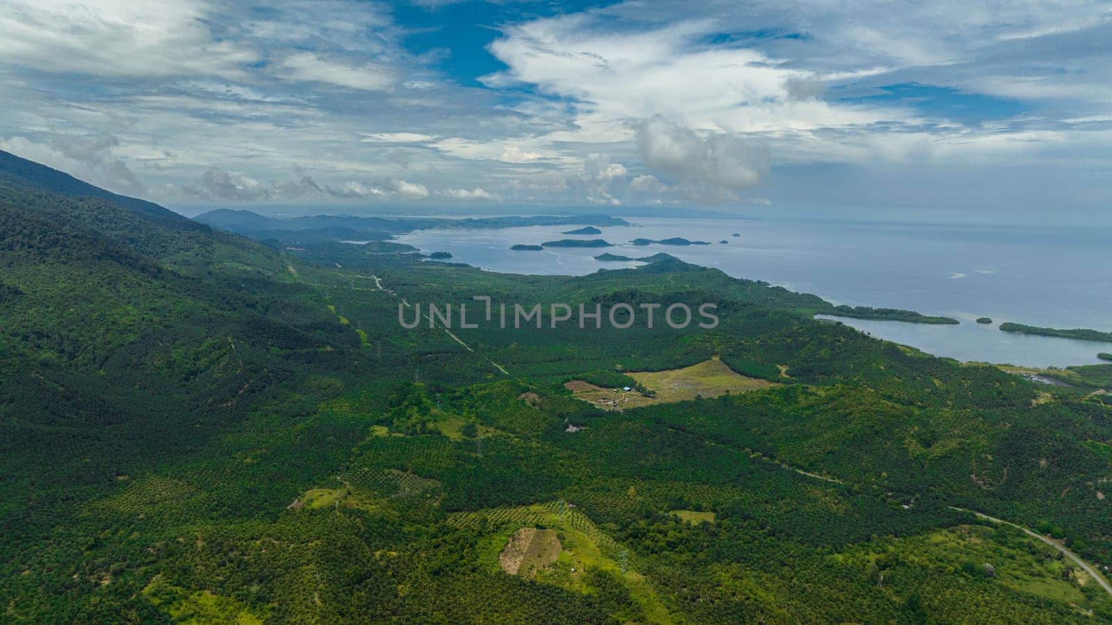 The coast of the island of Borneo with palm oil plantations and jungle. Malaysia.