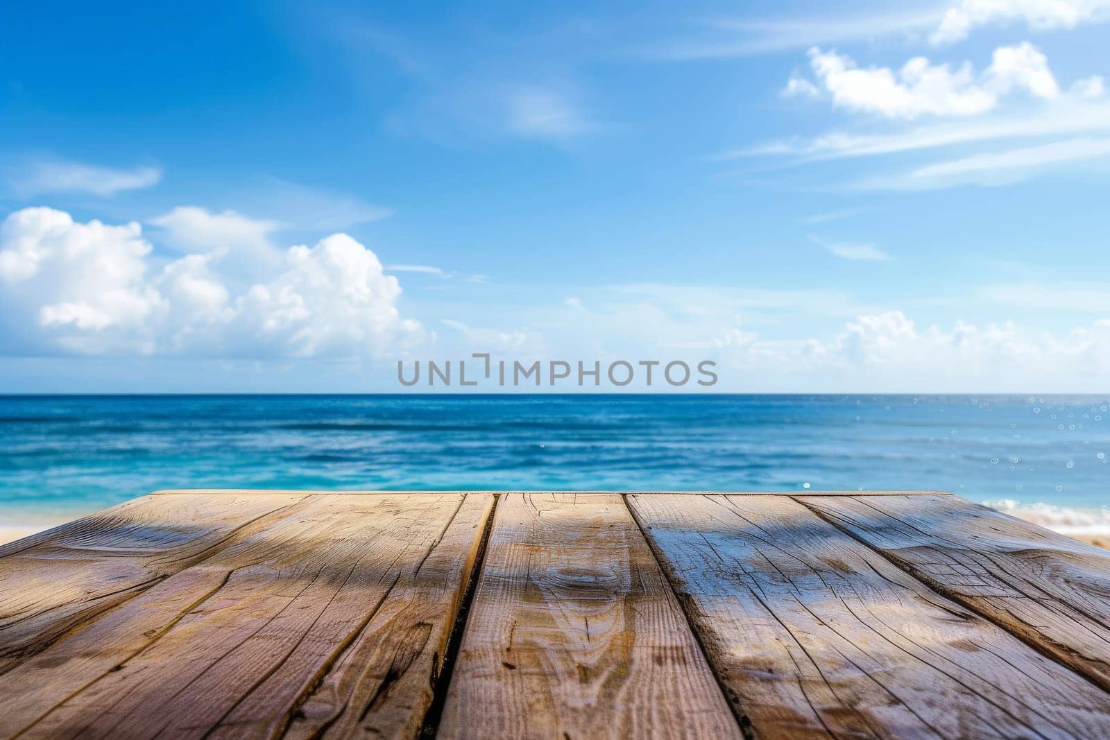 Background, Empty rustic wooden table and summer sea background with copy space for your product.