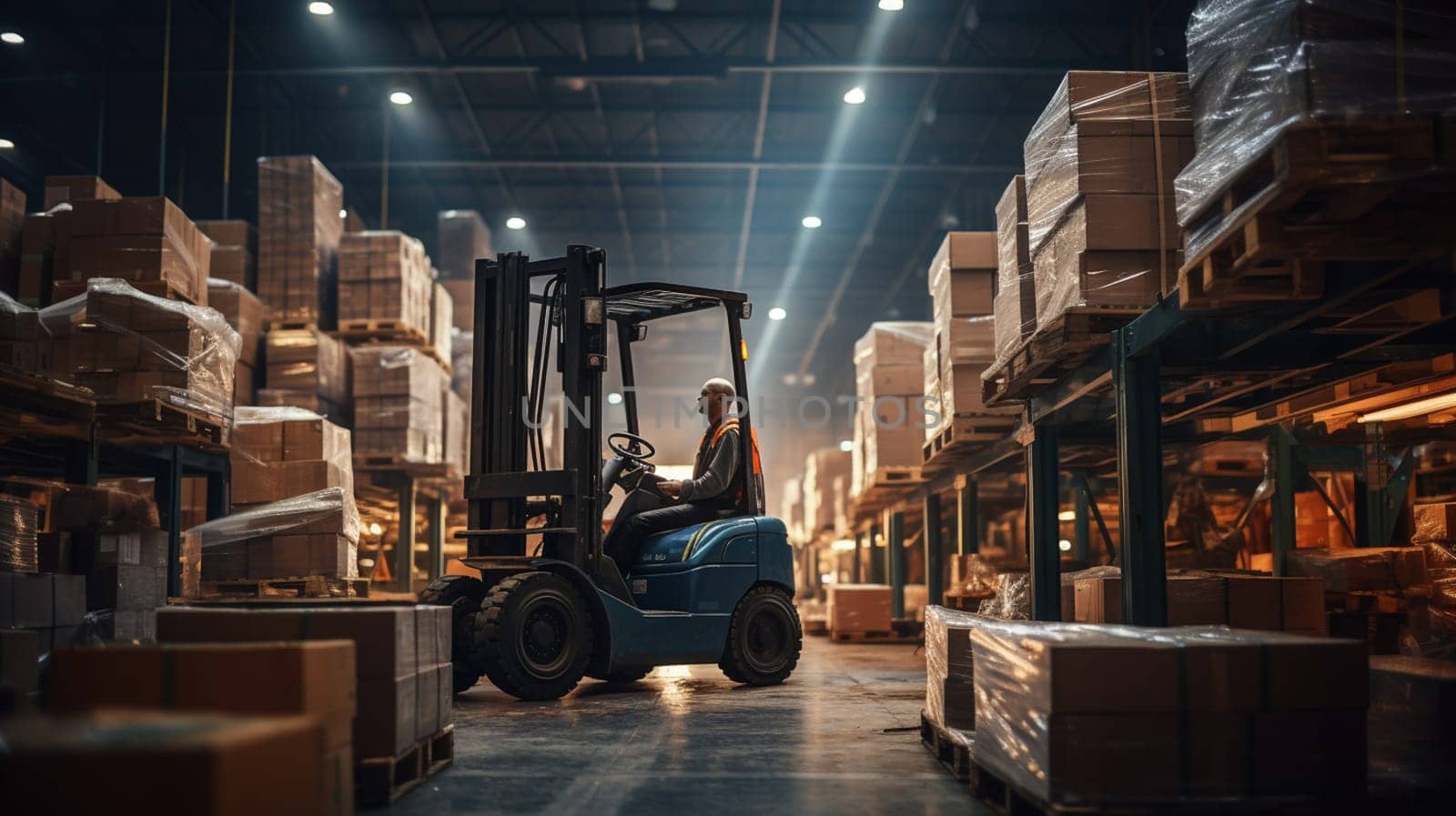 Forklift loader in storage warehouse ship yard. Distribution products. Delivery. Logistics. Transportation. Business background by Andelov13