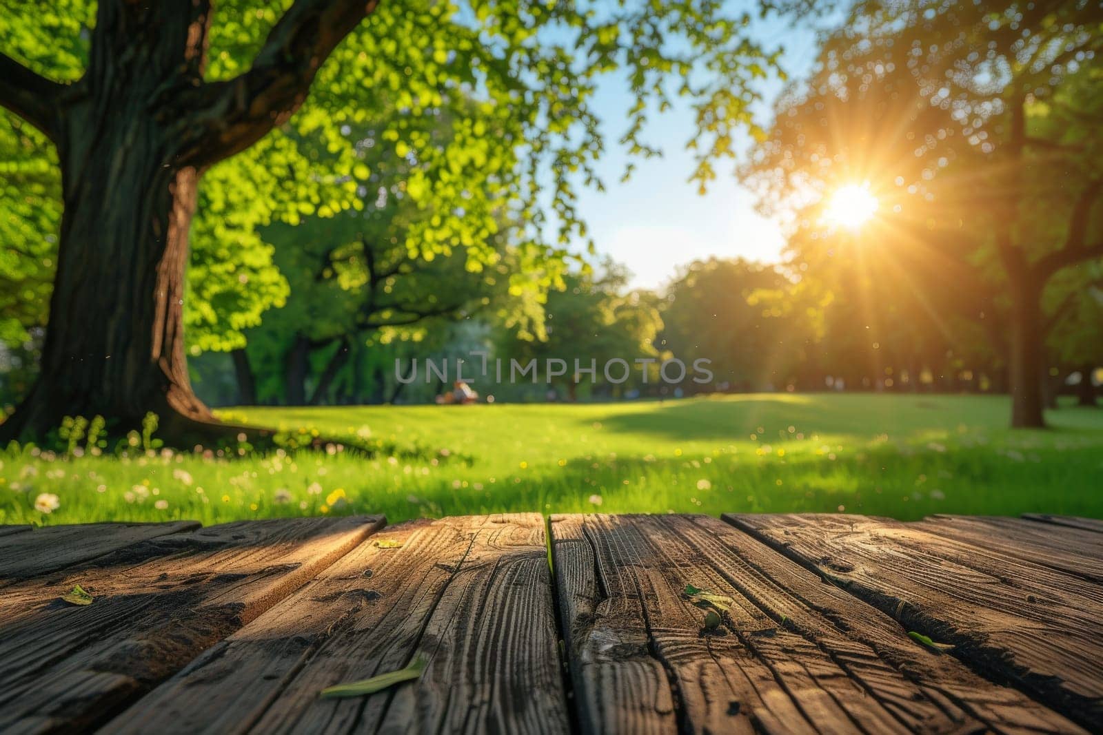 Backgrounds: Empty rustic wooden table on green forest for mockup product display.