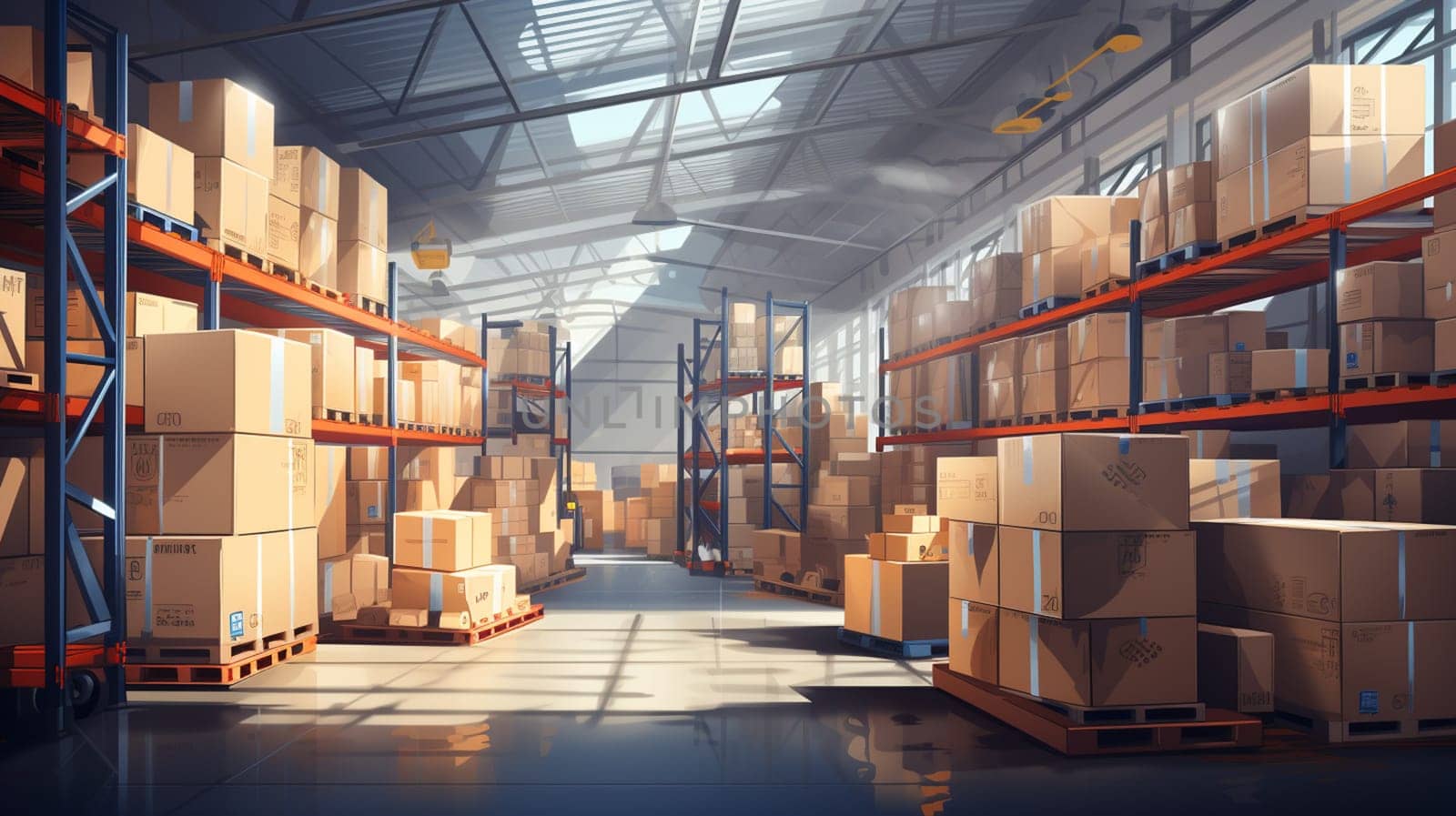 Between the Shelves of a Warehouse with Sun Shining Through the Window 3D Rendering. High quality photo
