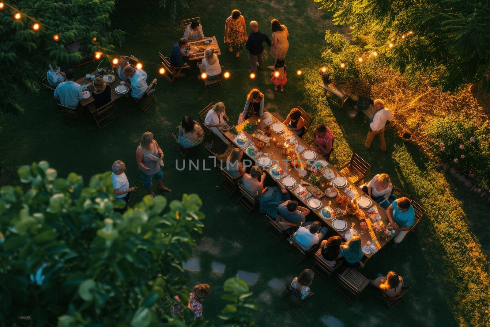 An outdoors family party, High angle view of Family and Friends party at backyard.