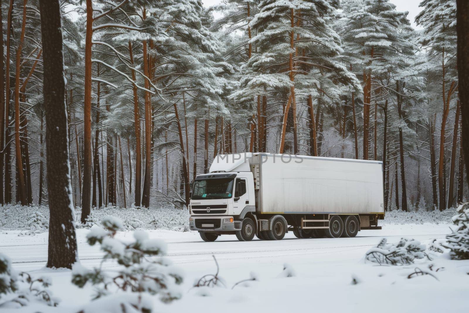 transportation concept, white truck on urgent delivery in highway winding through forested landscape.