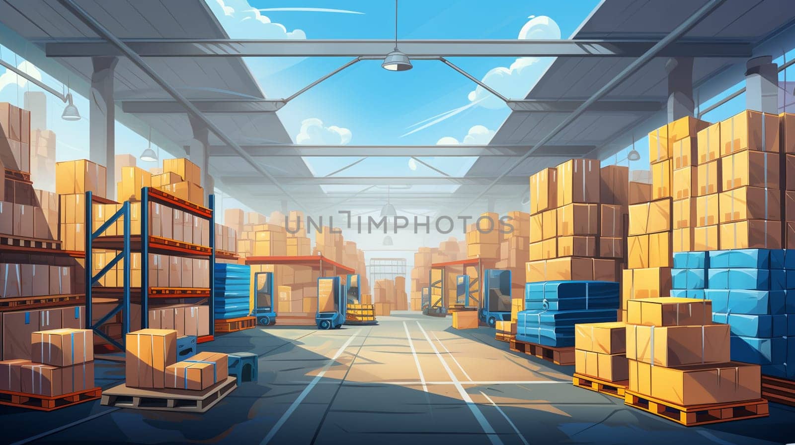 Between the Shelves of a Warehouse with Sun Shining Through the Window 3D Rendering. High quality photo