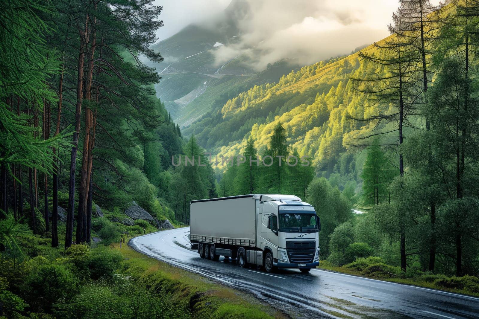 transportation concept, white truck on urgent delivery in highway winding through forested landscape.