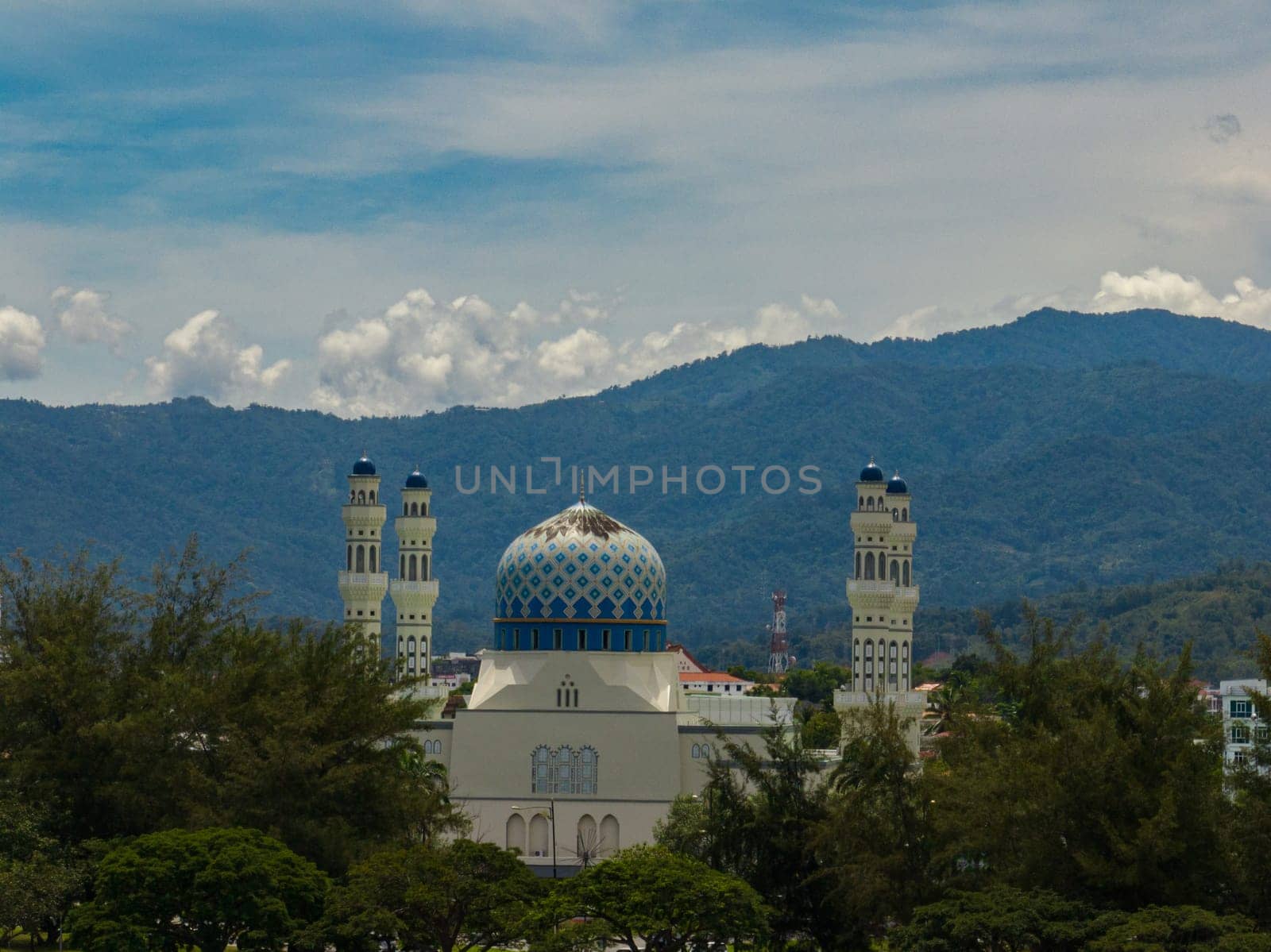 Aerial view of Bandaraya Kota Kinabalu Mosque At Likas Kota Kinabalu, Sabah, Borneo.