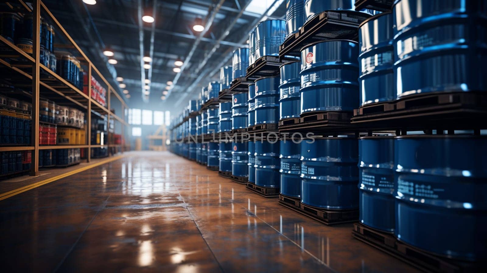 Chemical Barrels. Warehouse of chemical products. Metal barrels with crude oil. Chemistry industry warehouse. Pallets with barrels in industrial plant. Oil storage room. by Andelov13