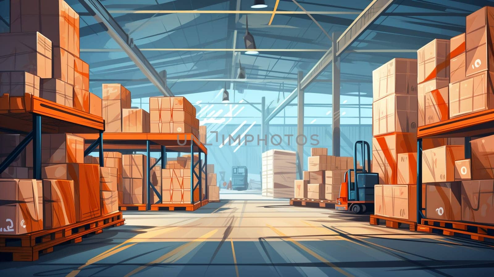 Cardboard boxes in middle of the warehouse, logistic center. Huge modern warehouse. Warehouse filled with cardboard boxes on shelves, boxes stand on pallets. Transportation system, 3D Illustration. High quality photo