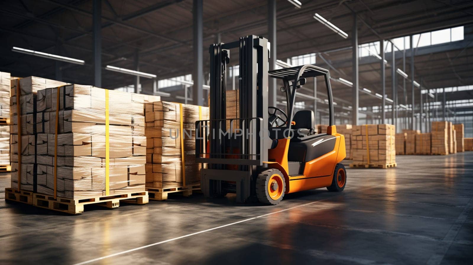 Forklift loader in storage warehouse ship yard. Distribution products. Delivery. Logistics. Transportation. Business background by Andelov13