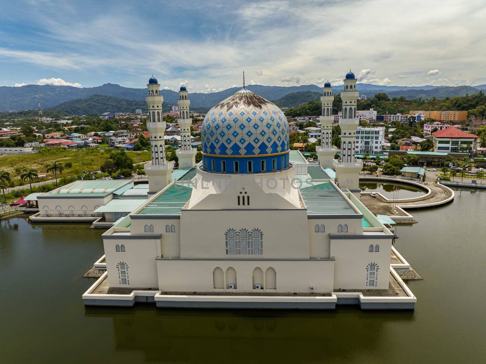 Aerial view of Bandaraya Kota Kinabalu mosque at Likas Kota Kinabalu, Sabah, Borneo.