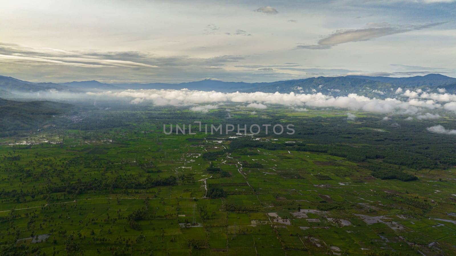 Aerial drone of countryside with farmland and rice fields. Sumatra, Indonesia.