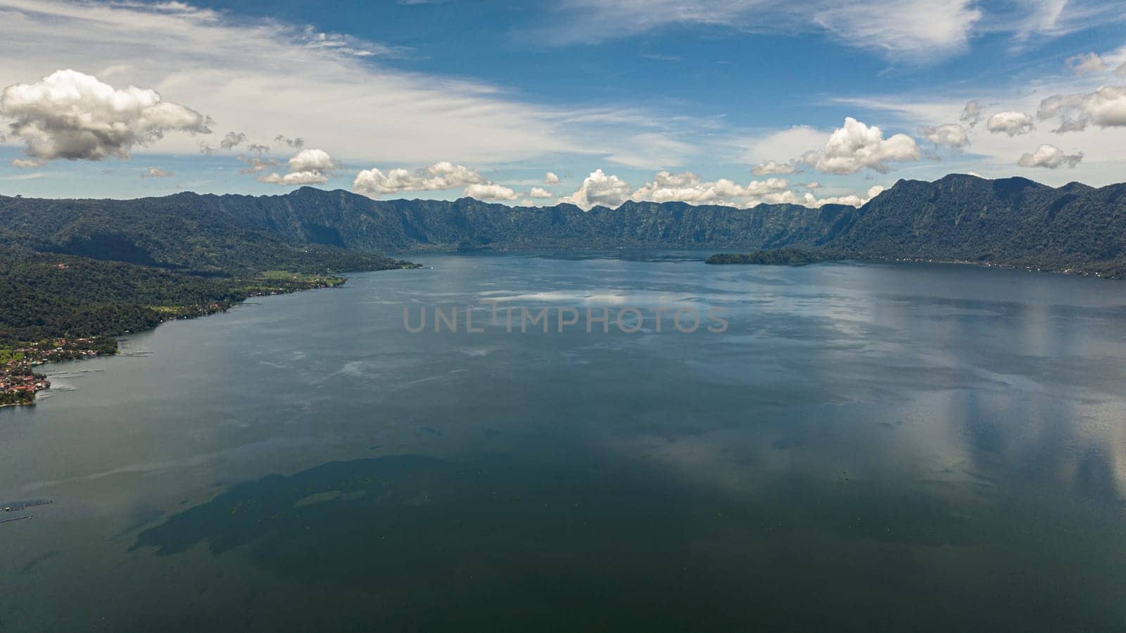 Aerial drone of Lake in the mountains of Sumatra among the mountains. Indonesia.