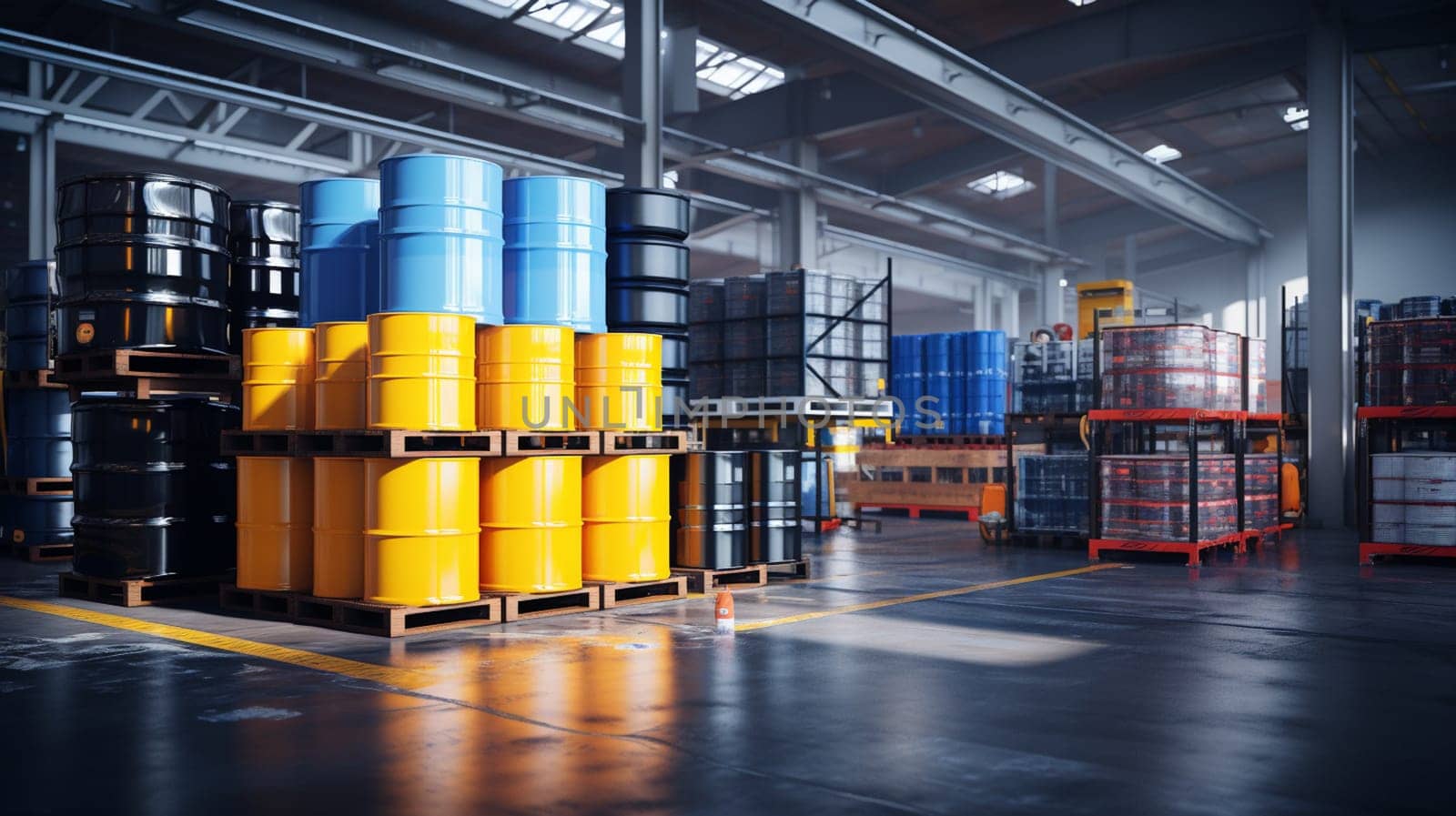 Chemical Barrels. Warehouse of chemical products. Metal barrels with crude oil. Chemistry industry warehouse. Pallets with barrels in industrial plant. Oil storage room. . High quality photo