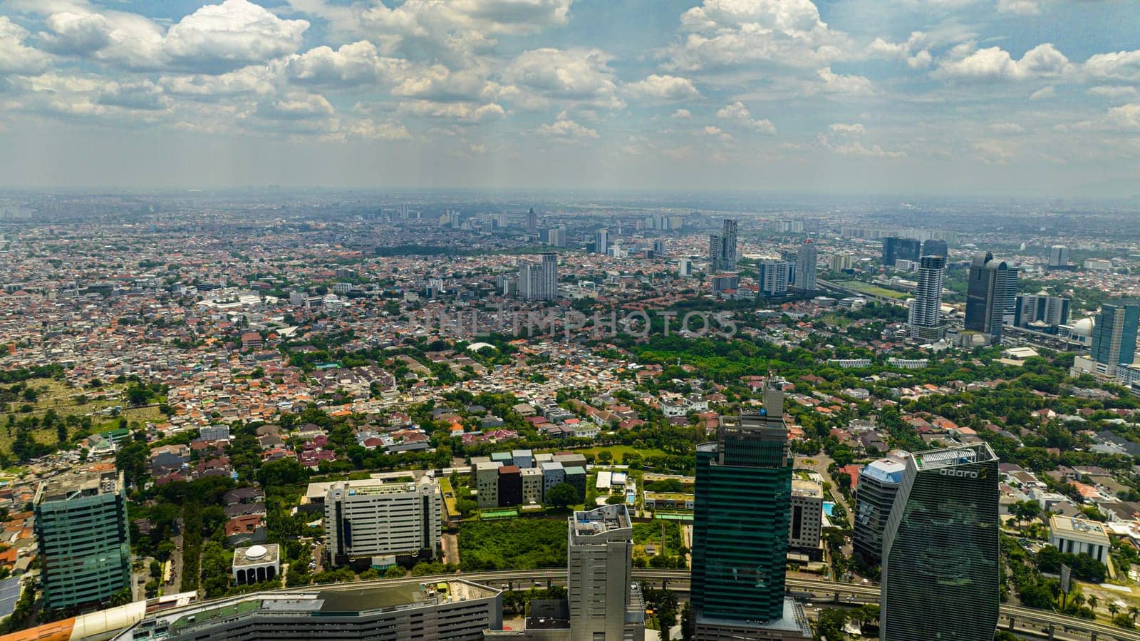 Jakarta, Indonesia - October 11, 2022:Aerial drone of Jakarta is the capital city of the Republic of Indonesia.