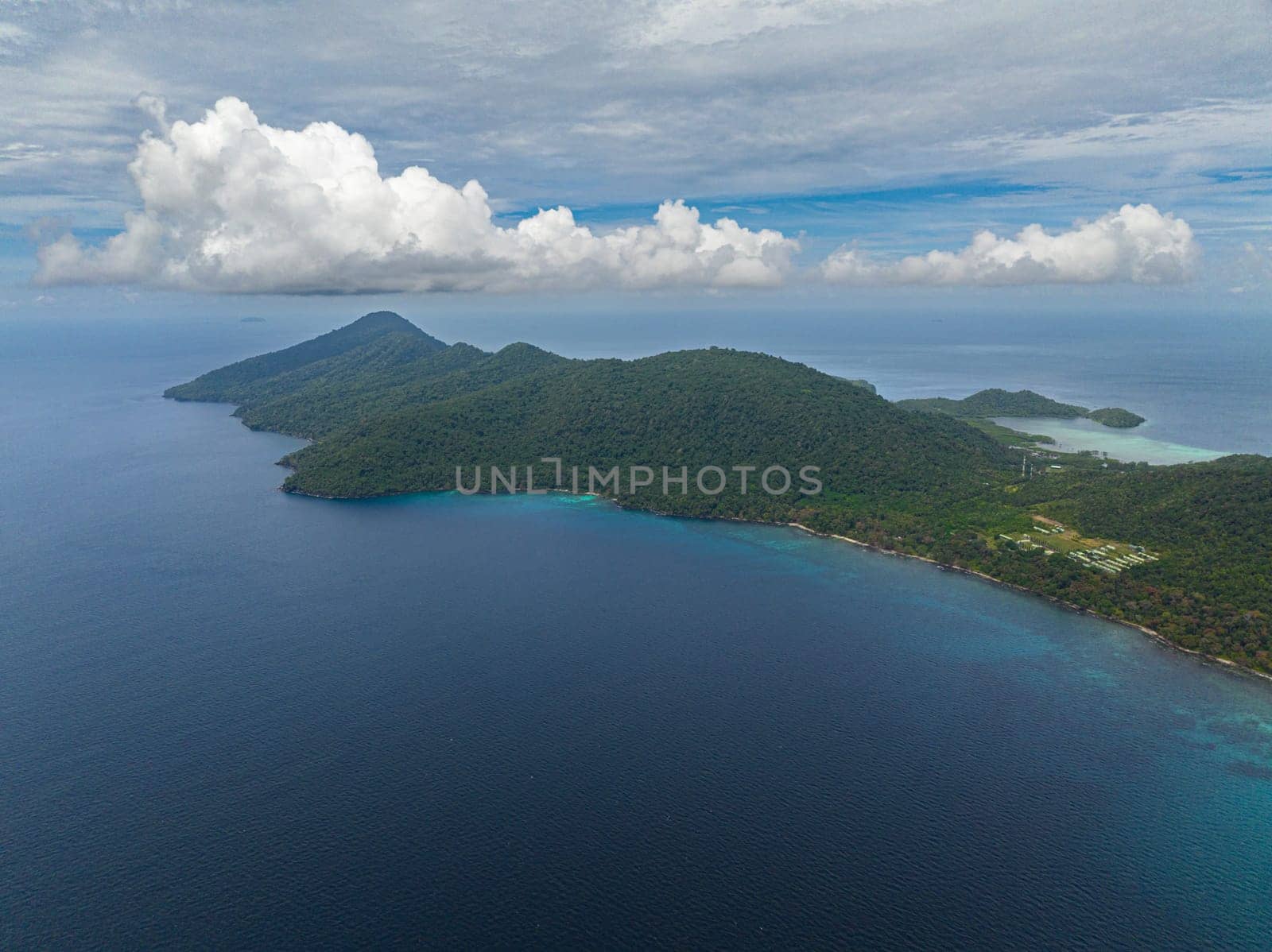 Aerial view of coast of the island of Weh with bays and lagoons. Tropical landscape. Aceh, Indonesia.