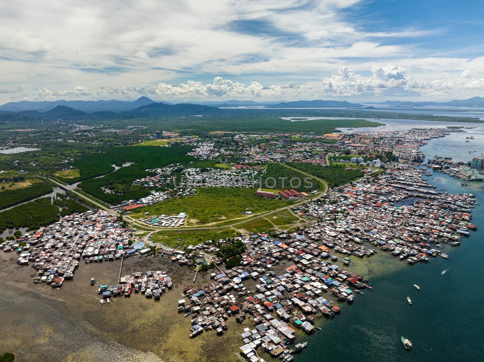 Panorama of the city of Semporna with residential buildings view from above. Borneo, Sabah, Malaysia.