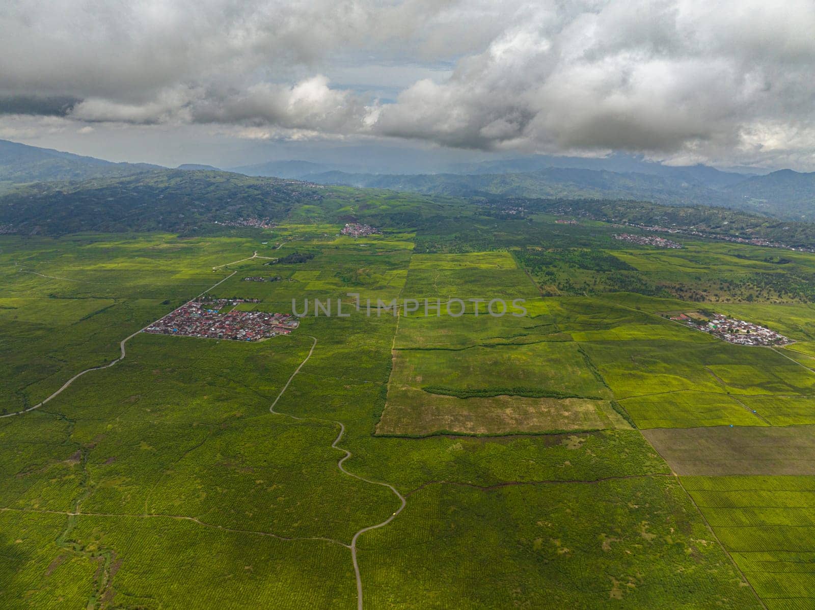 Aerial drone of tea estates and farmland in Sumatra. Tea plantations. Kayu Aro, Indonesia.