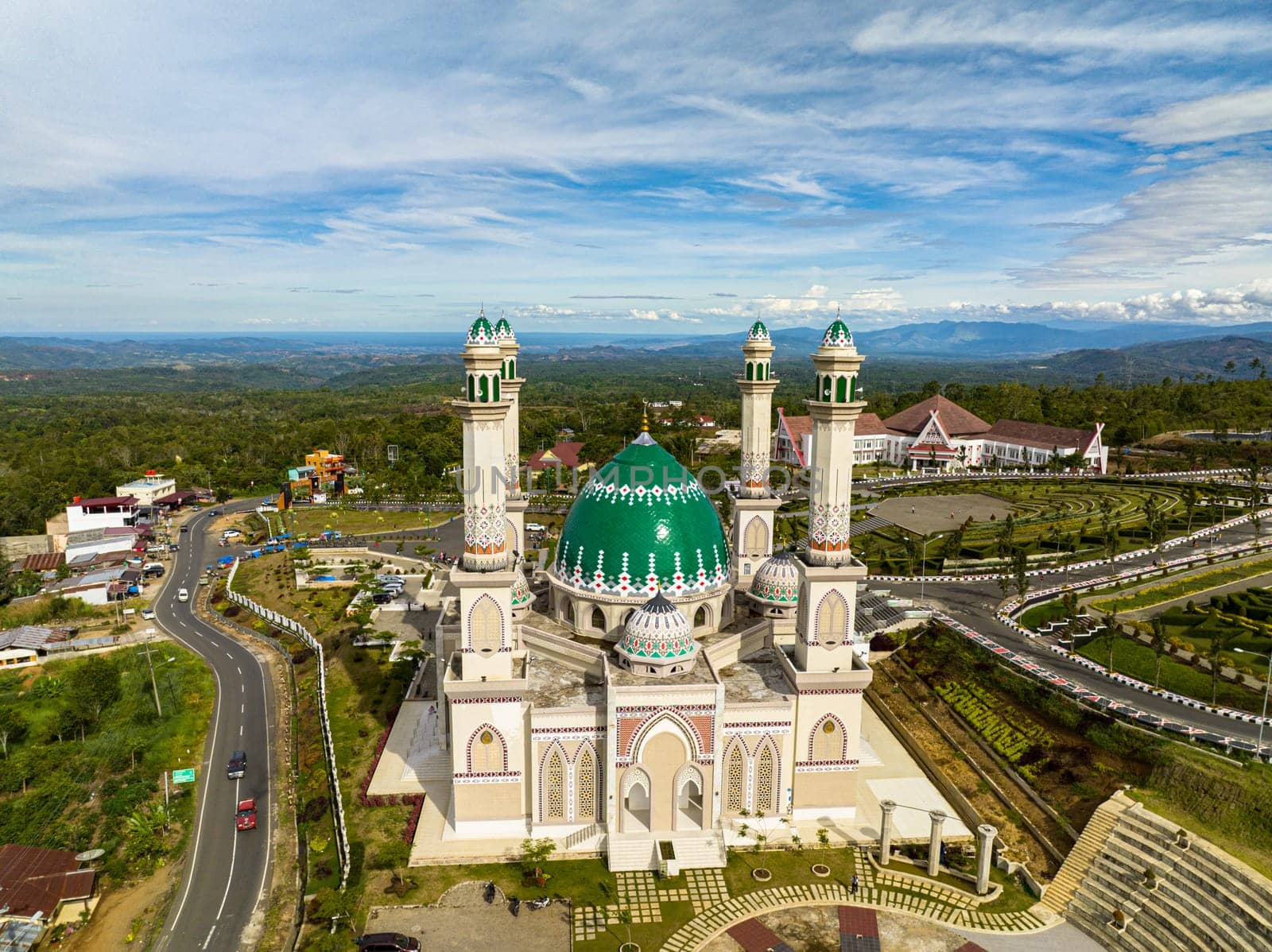 Aerial drone of beautiful mosque in Sumatra. Masjid Agung Syahrun Nur Tapanuli Selatan. Indonesia.