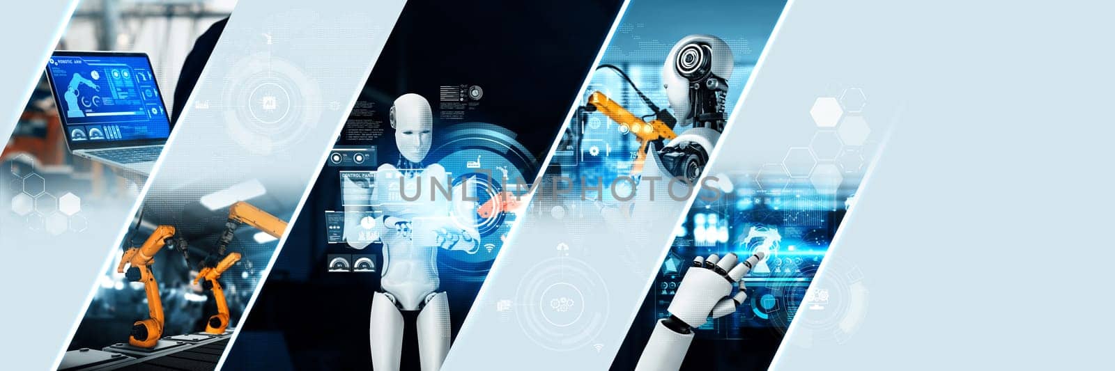 Automated AI industry robot and robotic arms assembly in factory production. Concept of artificial intelligence for industrial revolution and automation manufacturing process NLP