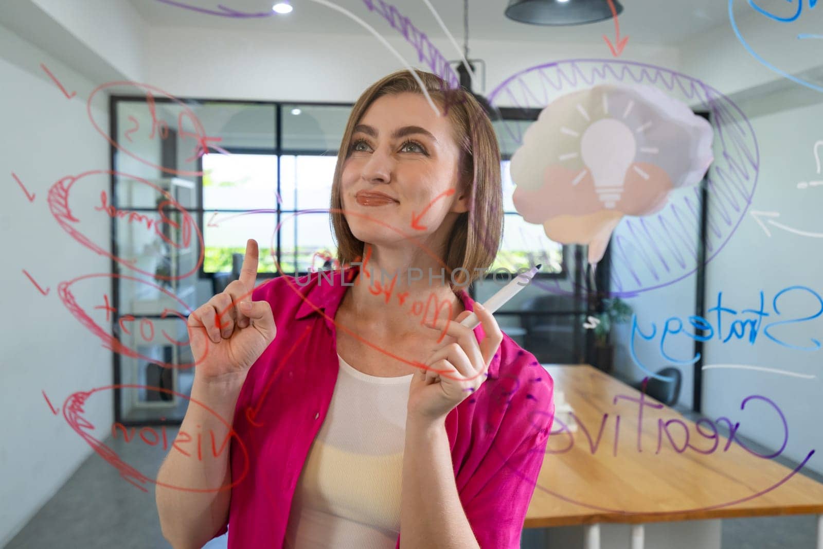 Closeup of attractive smart caucasian businesswoman brainstorms and planing marketing idea by using mind map and colorful sticker on glass board. Creative start up business concept. Immaculate.