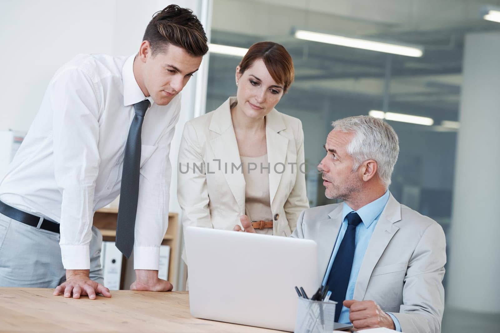 Business, office and mentor coaching from laptop for corporate finance, conversation and advice for employee. Mature man, workers and computer for meeting, communication and learning for agency by YuriArcurs