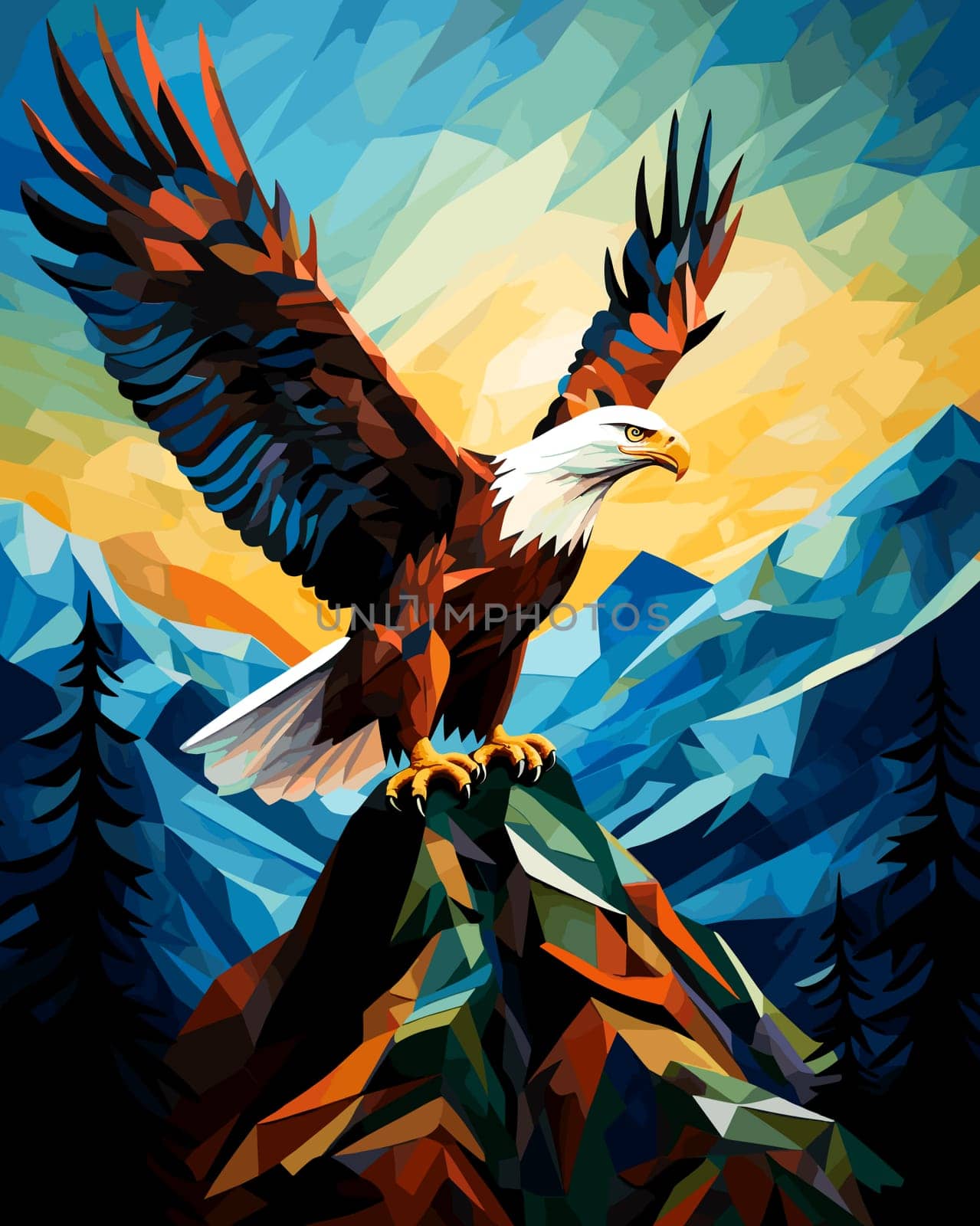 American bald eagle among rocks and wildlife in vector pop art cubism style. by palinchak