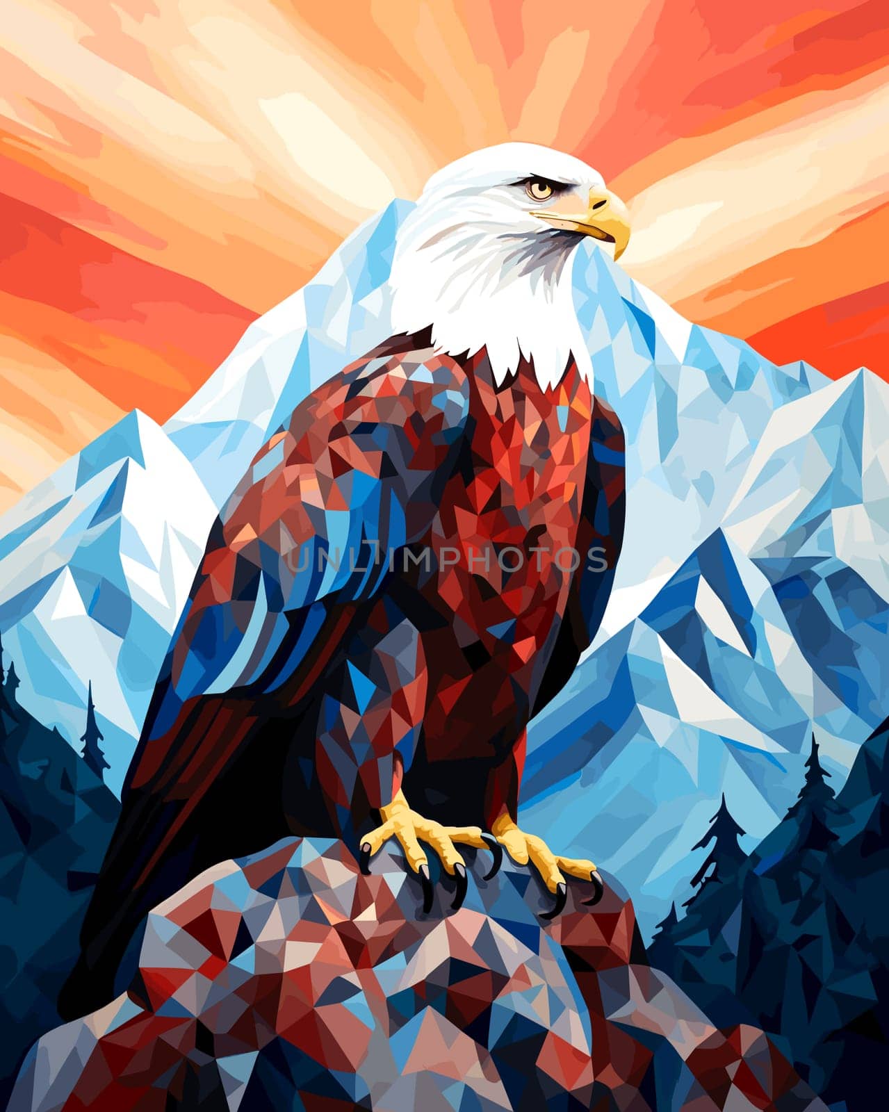 American bald eagle among rocks and wildlife in vector pop art cubism style. Template for poster, t-shirt print, sticker, etc. 