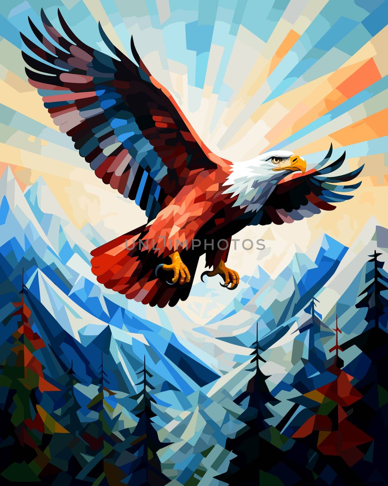 American bald eagle among rocks and wildlife in vector pop art cubism style. Template for poster, t-shirt print, sticker, etc. 