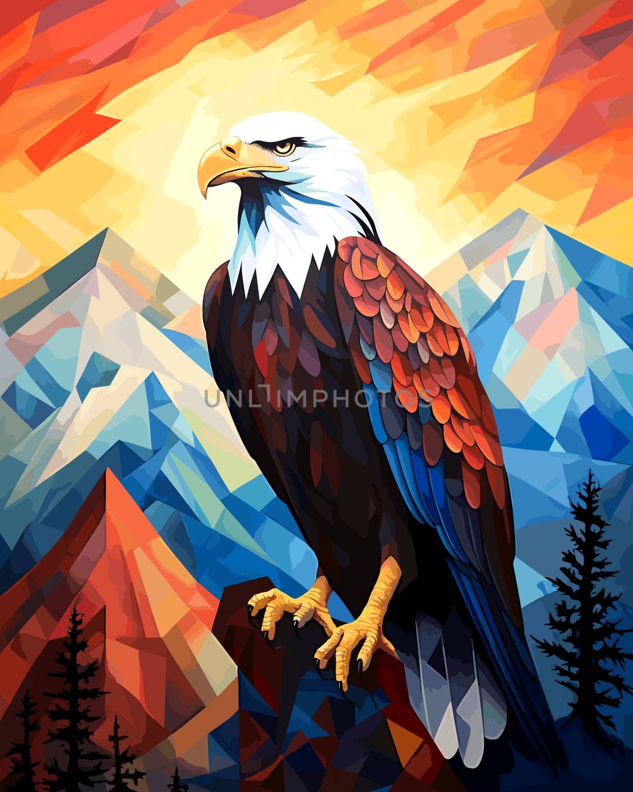 American bald eagle among rocks and wildlife in vector pop art cubism style. by palinchak