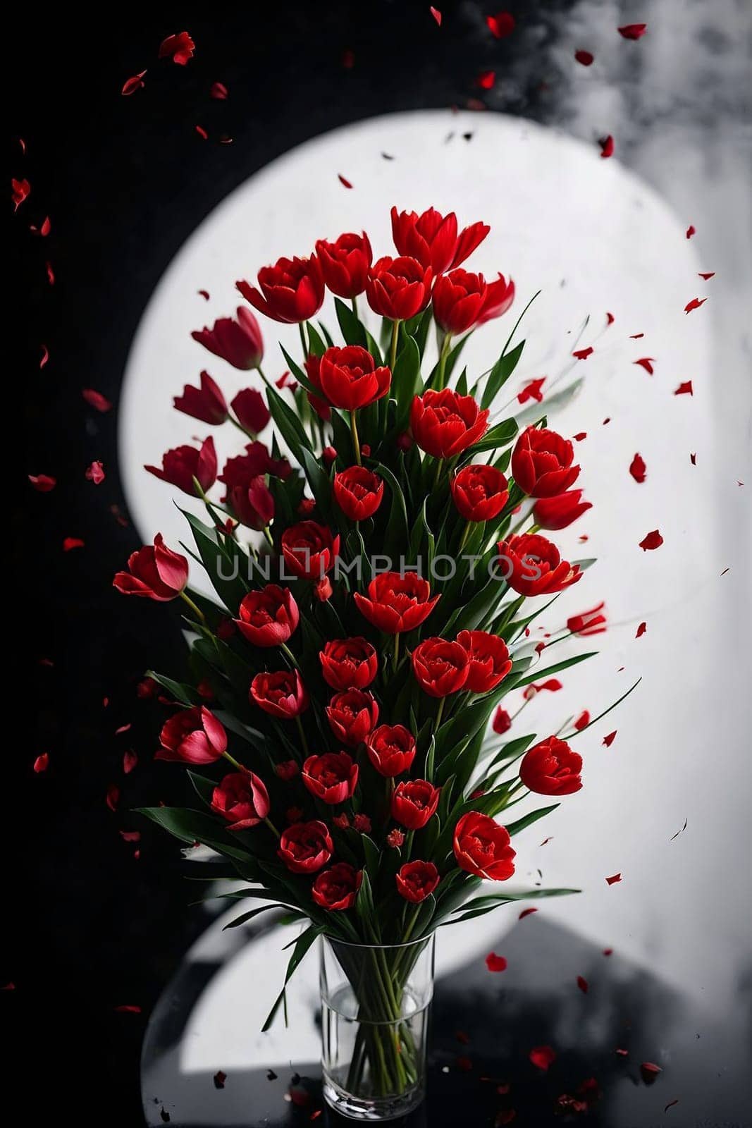bouquet of red tulips on an abstract black and white background. by Rawlik