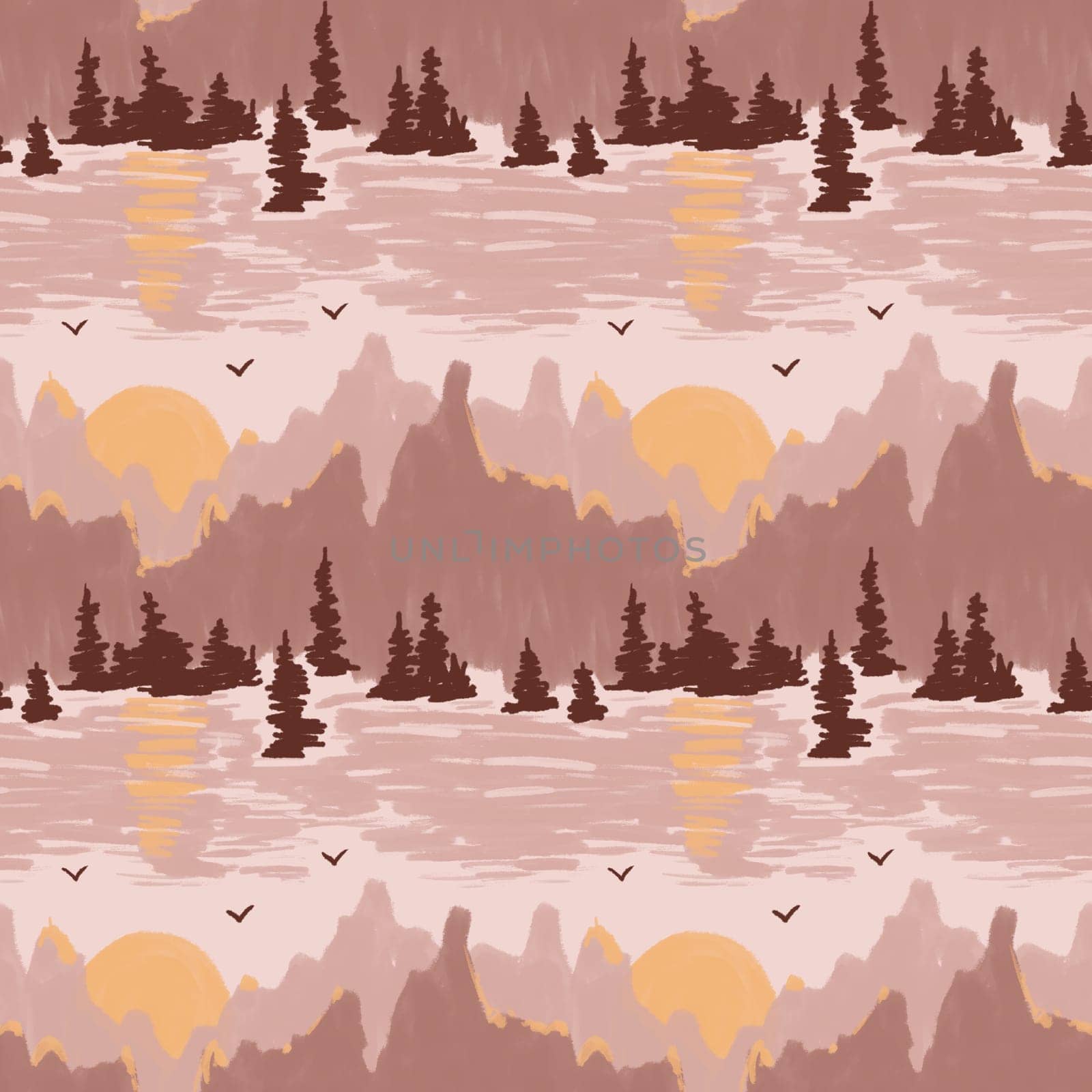 Hnd drawn seamless pattern with beige brown mountain range peaks, yellow sun surise sunset. Skiing outdoor activities tourism concept. Nature landscape
