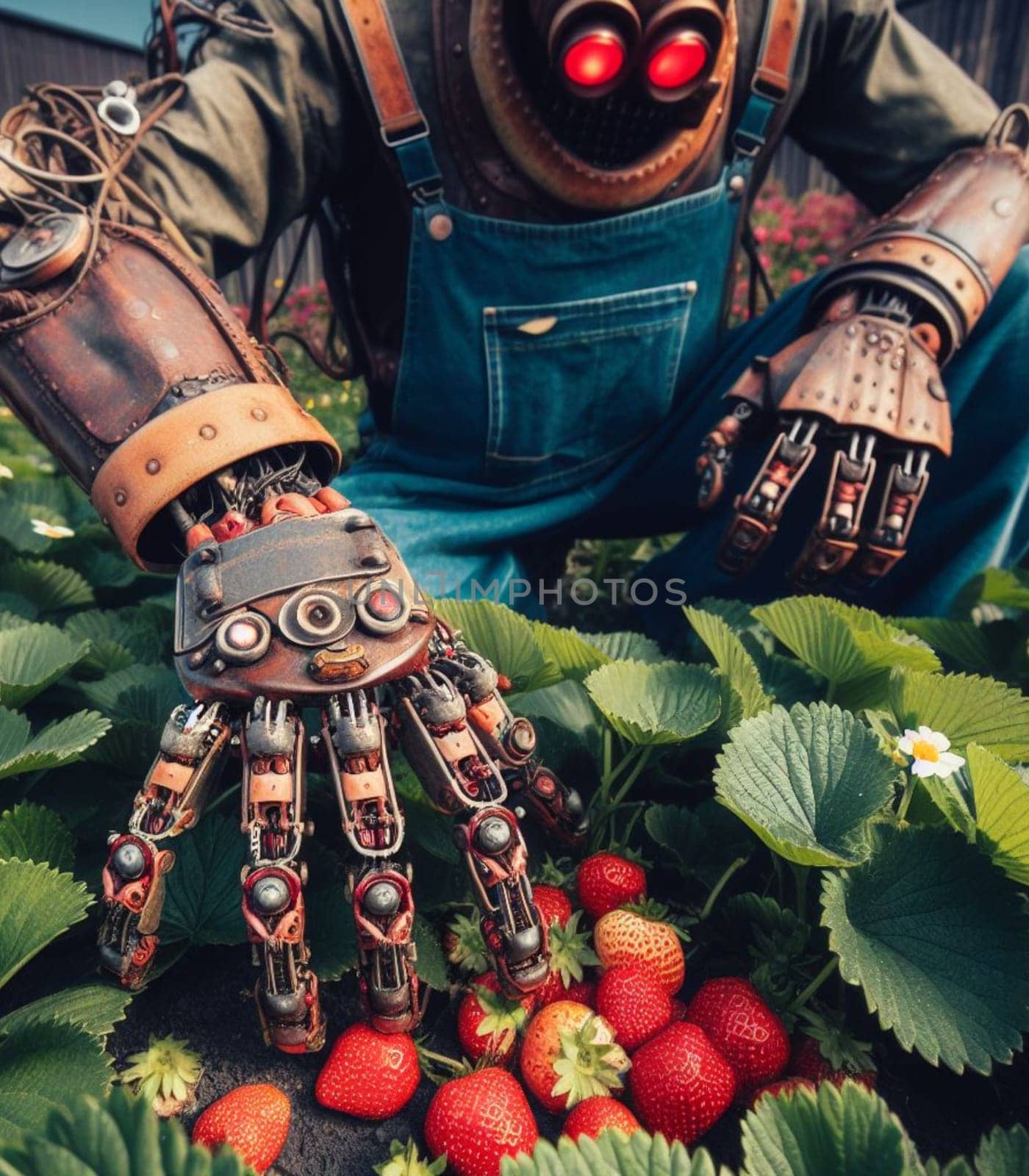robot working in farm vegetable garden to grow produce for human consumption ai generated