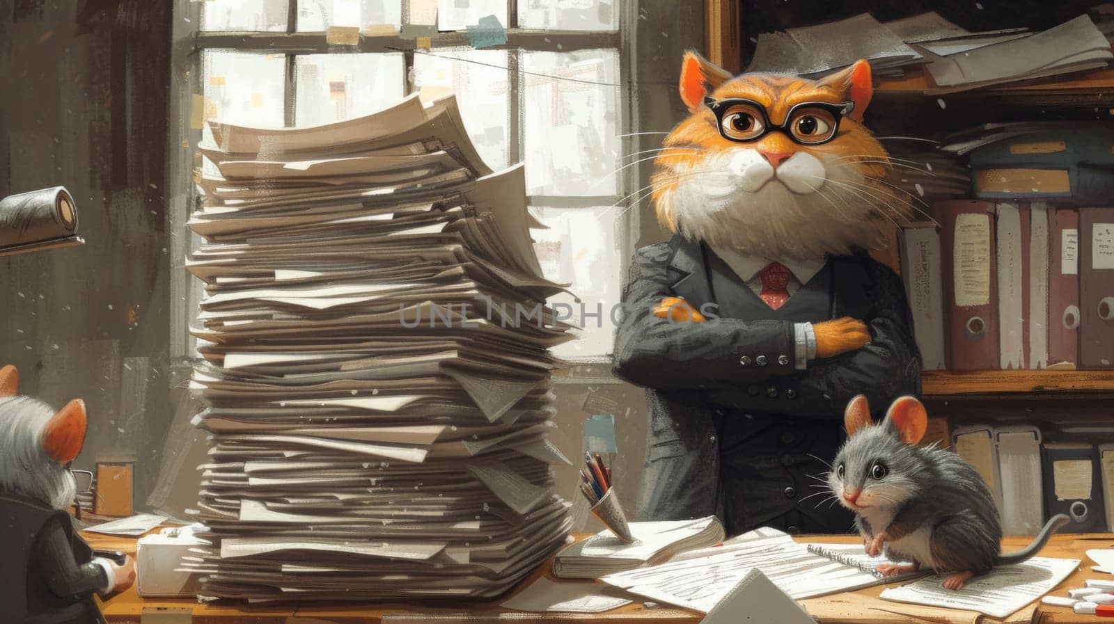 A cat and mouse standing in front of a pile of papers