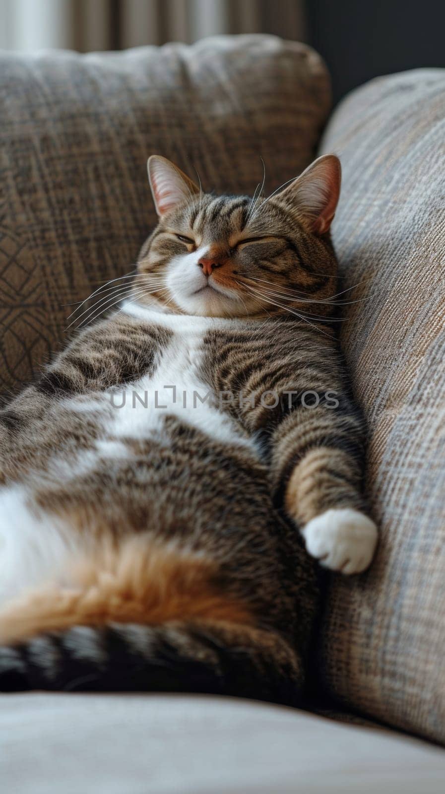 A cat sleeping on a couch with its eyes closed