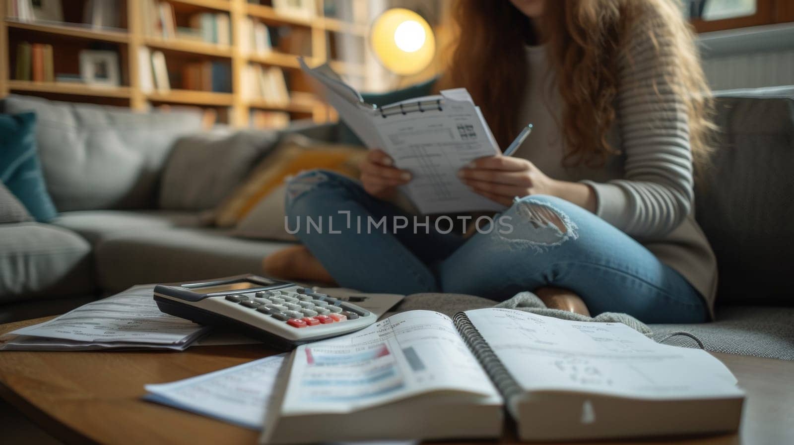 A woman sitting on a couch with books and calculator