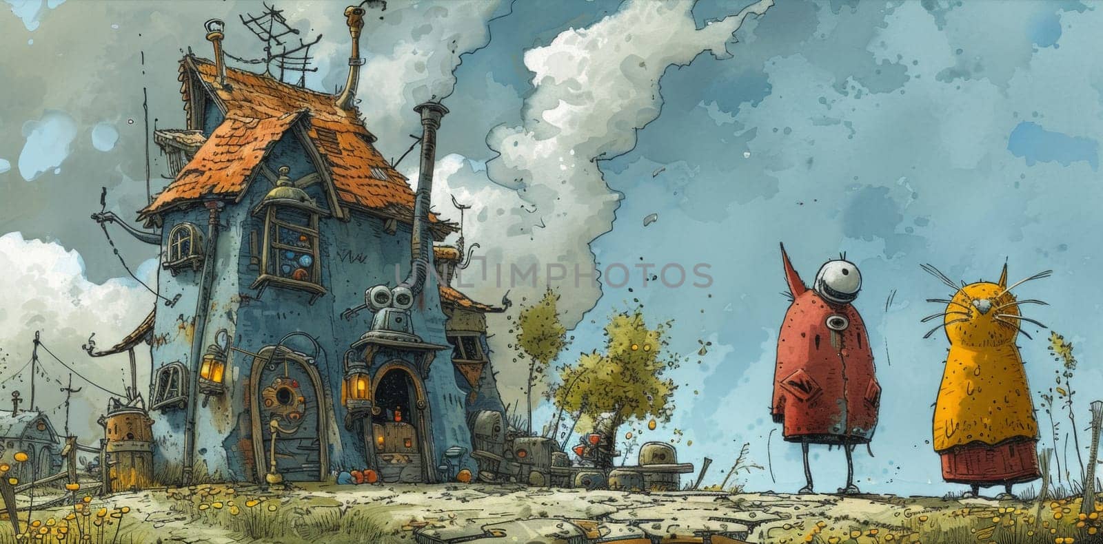 A cartoon characters are standing in front of a house