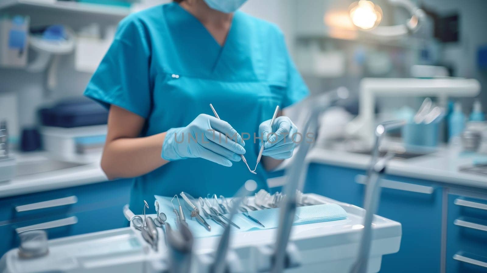 A female dentist in blue scrubs and gloves working on a patient