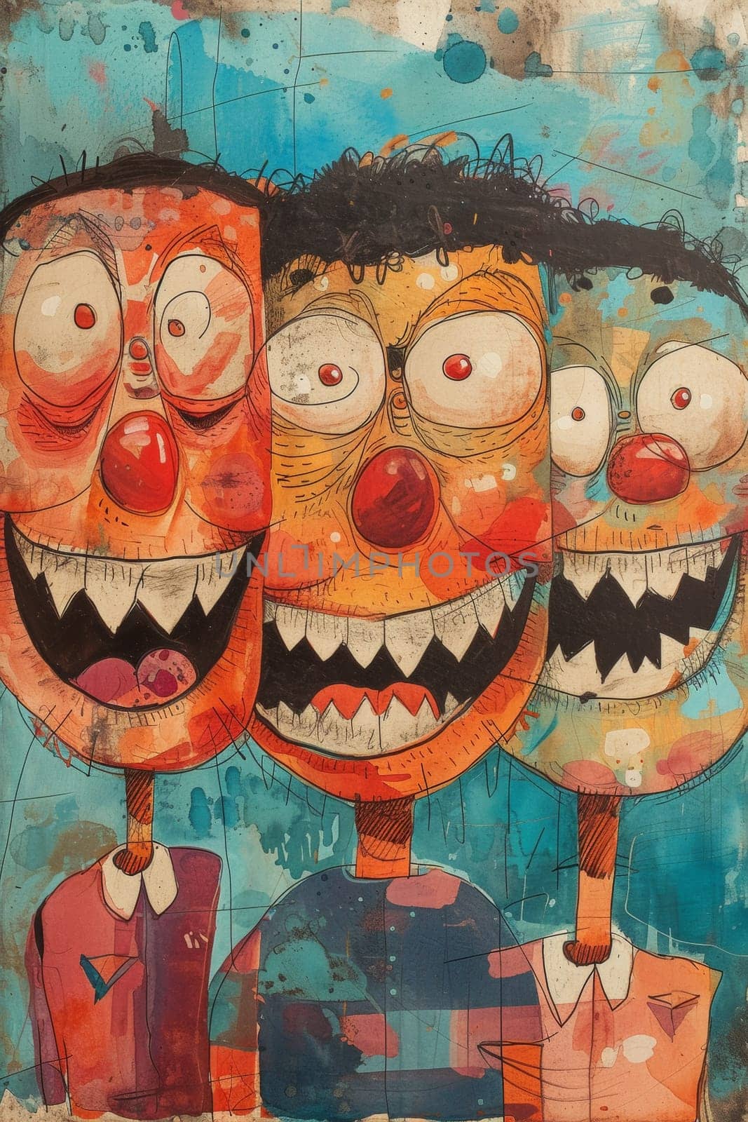 Three cartoon characters painted on a painting of an old man