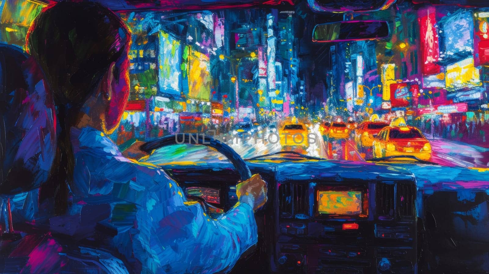 A painting of a woman driving in the city at night