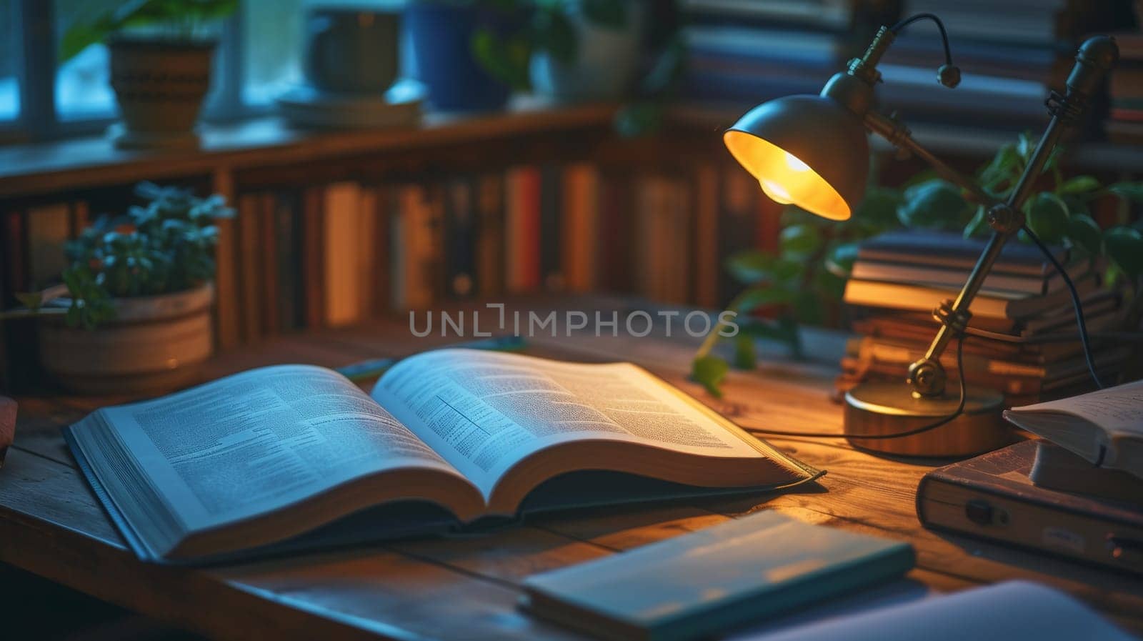 A book on a table with lamp and potted plants